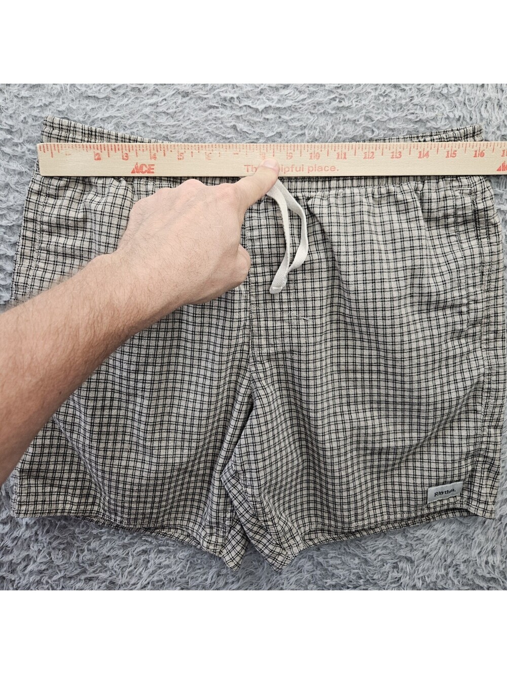 Rhythm Huckberry Linen Blend Shorts Men 34x7 Tan Check Relaxed - Picture 5 of 9